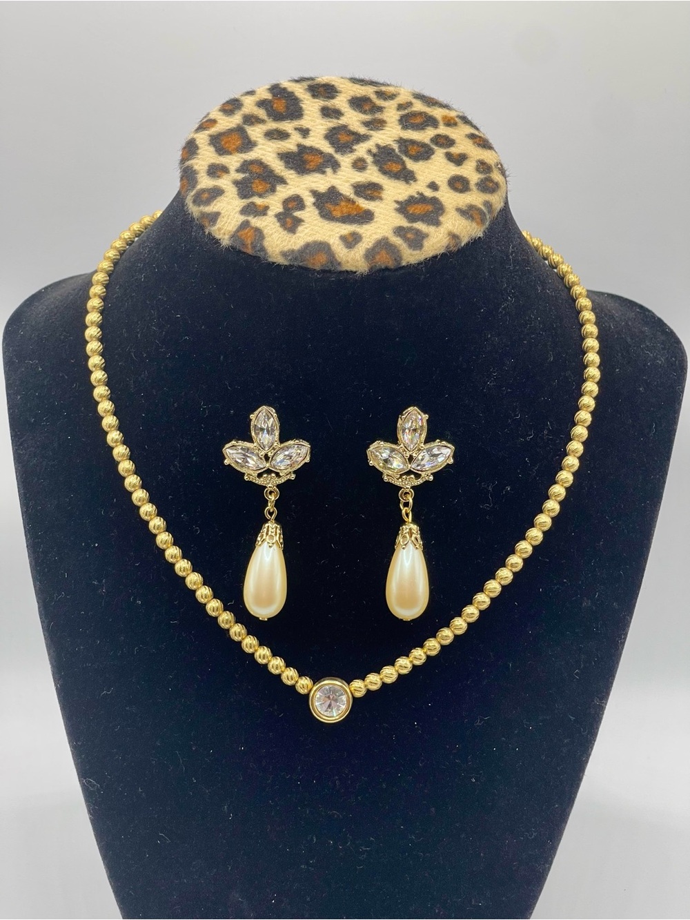 1928 Necklace and Earrings Set Gold Tone Rhinestones